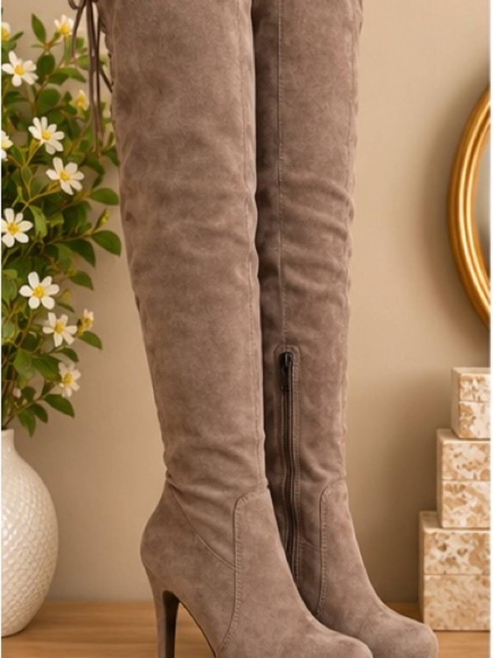Dollhouse Deceive Taupe Suede Thigh High Boots Size 6.5 NWOT
